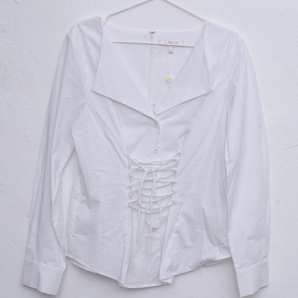 WAYF Molly Lace Up Long Sleeve Stretch Poplin Top